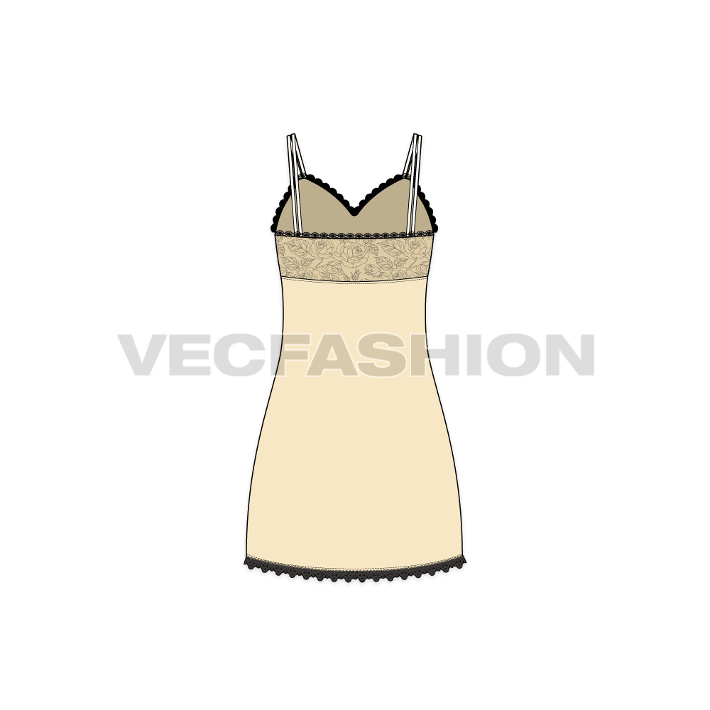 A vector fashion template sketch for Women's Nightwear Dress. The top yoke part is printed and there is lace around the top edge and bottom hem.