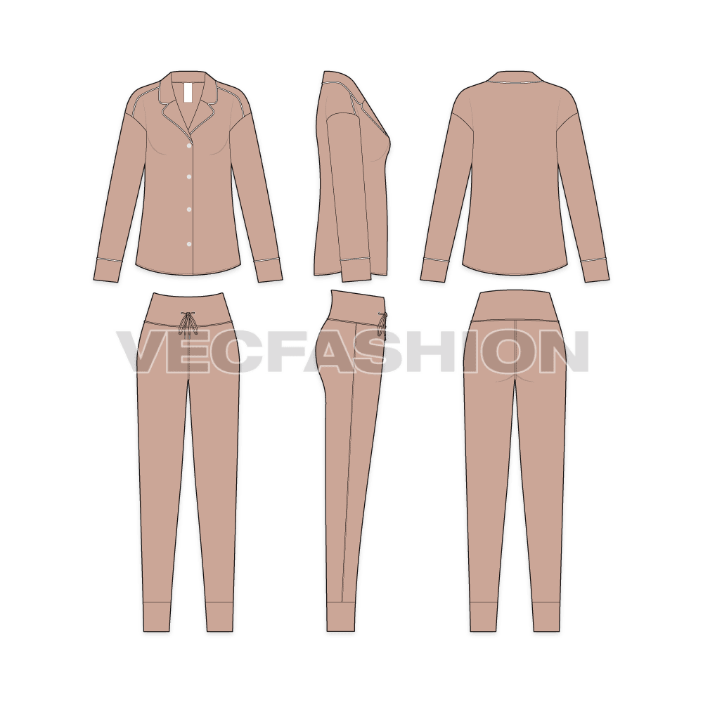 A vector illustrator fashion cad for Women's Nightwear Pajama Set. It has a night suit silk shirt with silky pants.  