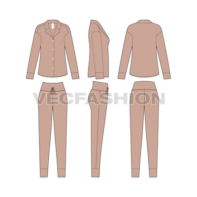 A vector illustrator fashion cad for Women's Nightwear Pajama Set. It has a night suit silk shirt with silky pants.