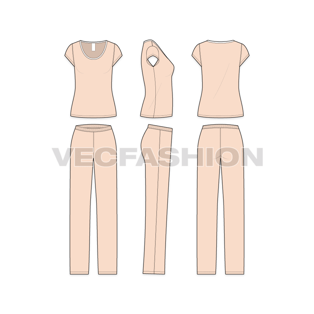 A vector template of Women's Nightwear Pajama Set. This Pajama Set has a peach colored Top with matching Bottom. The Top tee is a wide and low neckline to give maximum comfort and relaxation.