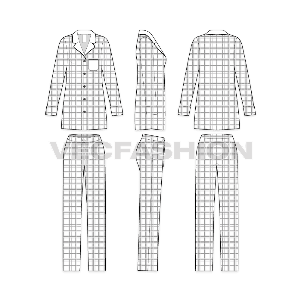 A vector fashion template sketch for Women's Nightwear Pajama Suit. It has a long length shirt in straight fit with Scottish Plaid seamless pattern. The pajama is elasticated with flat drawstrings.