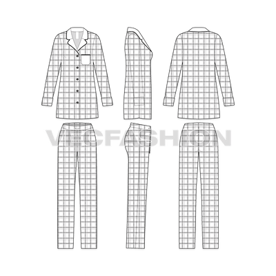 A vector fashion template sketch for Women's Nightwear Pajama Suit. It has a long length shirt in straight fit with Scottish Plaid seamless pattern. The pajama is elasticated with flat drawstrings.