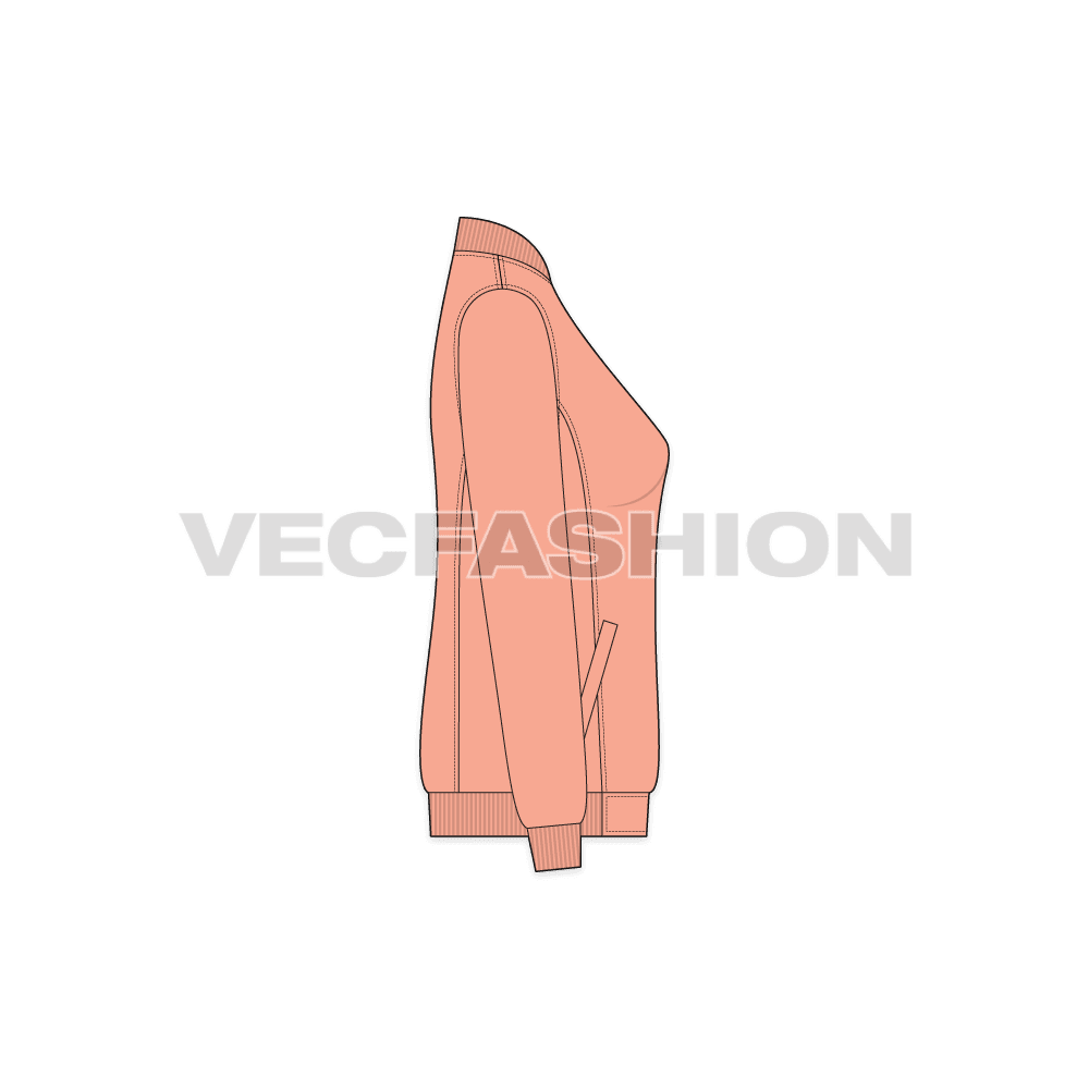 A vector template for Women's Nylon Bomber Jacket. It has metal surface zipper, pockets on sides and ribbed collar.