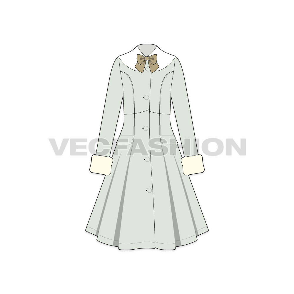 A vector illustrator template of Women's Old Vintage Classic English Coat. It has a thick shawl color in cream color with a very light vintage mint color. There are big cuffs on this dress with crossed laces at the back.