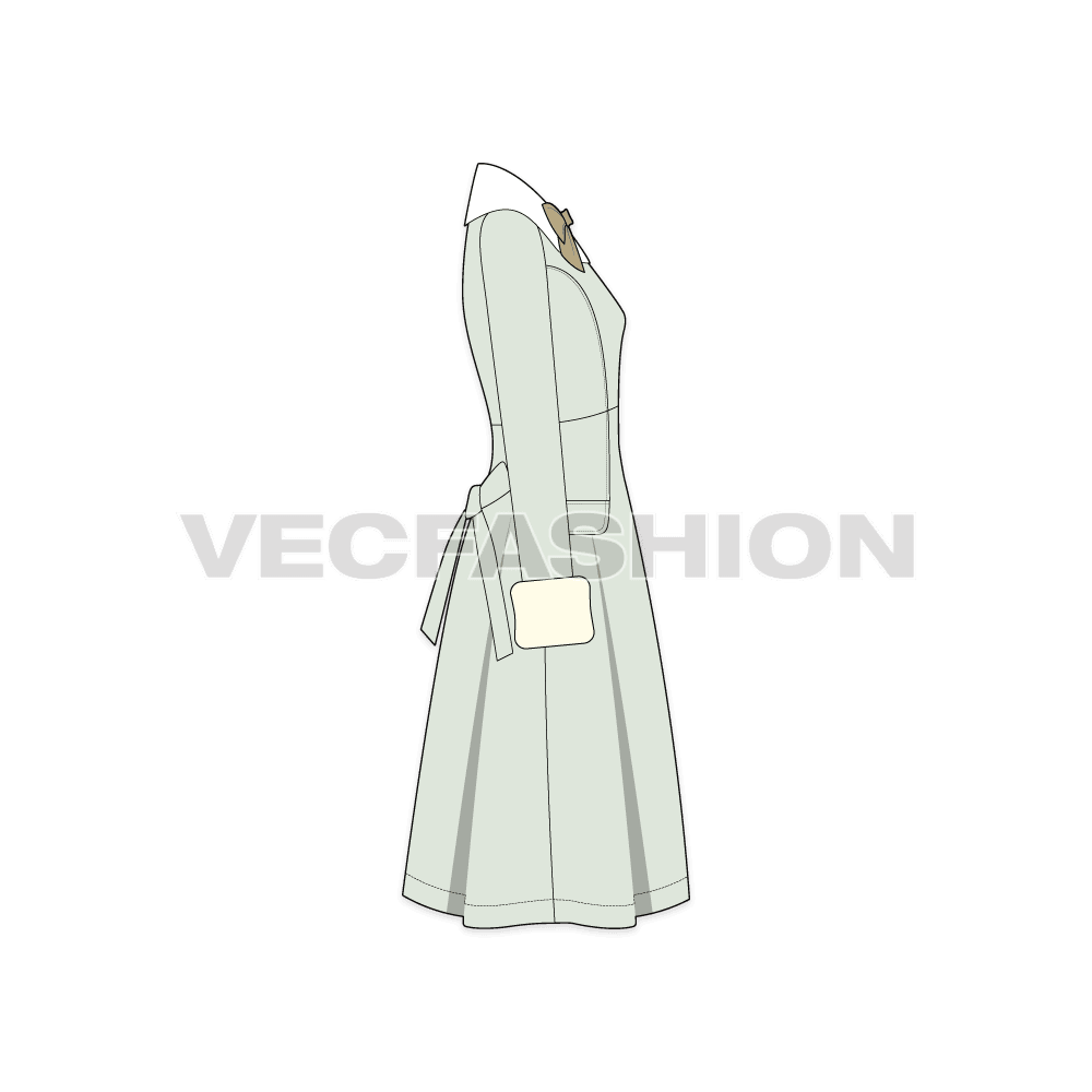 A vector illustrator template of Women's Old Vintage Classic English Coat. It has a thick shawl color in cream color with a very light vintage mint color. There are big cuffs on this dress with crossed laces at the back.