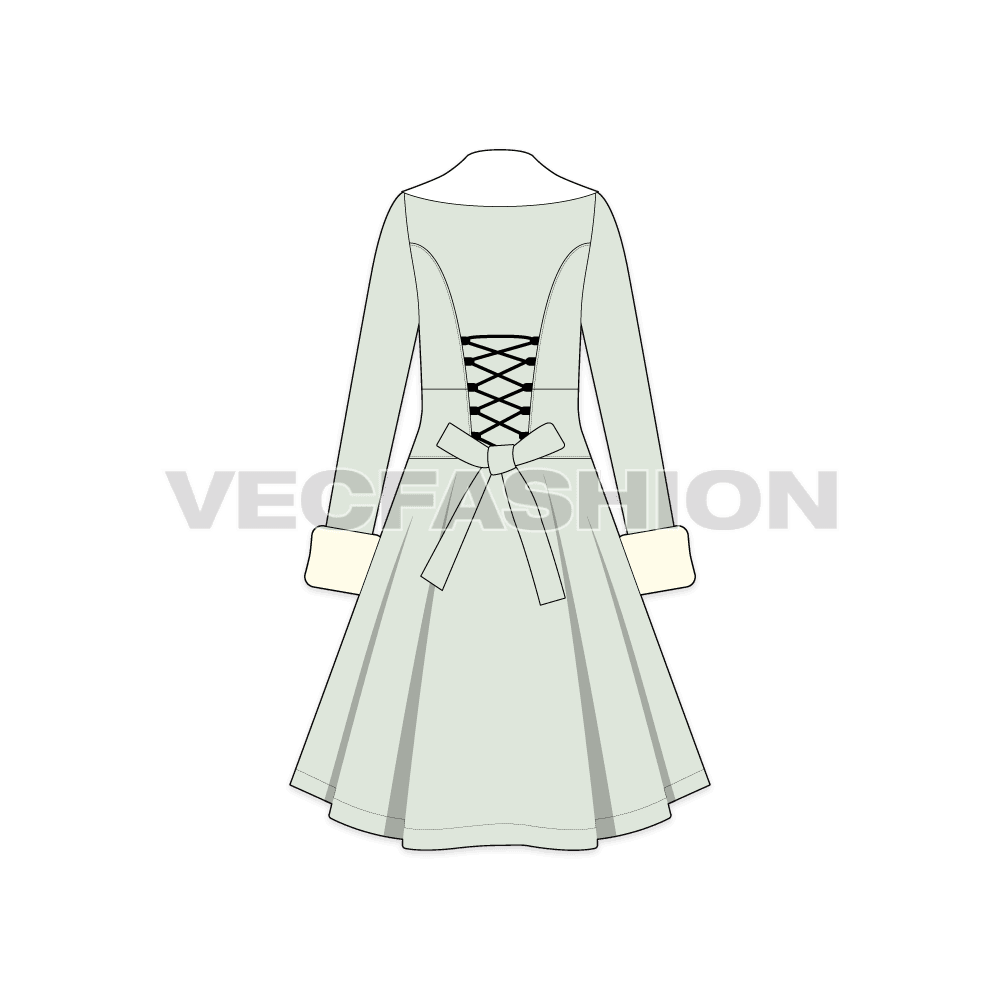 A vector illustrator template of Women's Old Vintage Classic English Coat. It has a thick shawl color in cream color with a very light vintage mint color. There are big cuffs on this dress with crossed laces at the back.