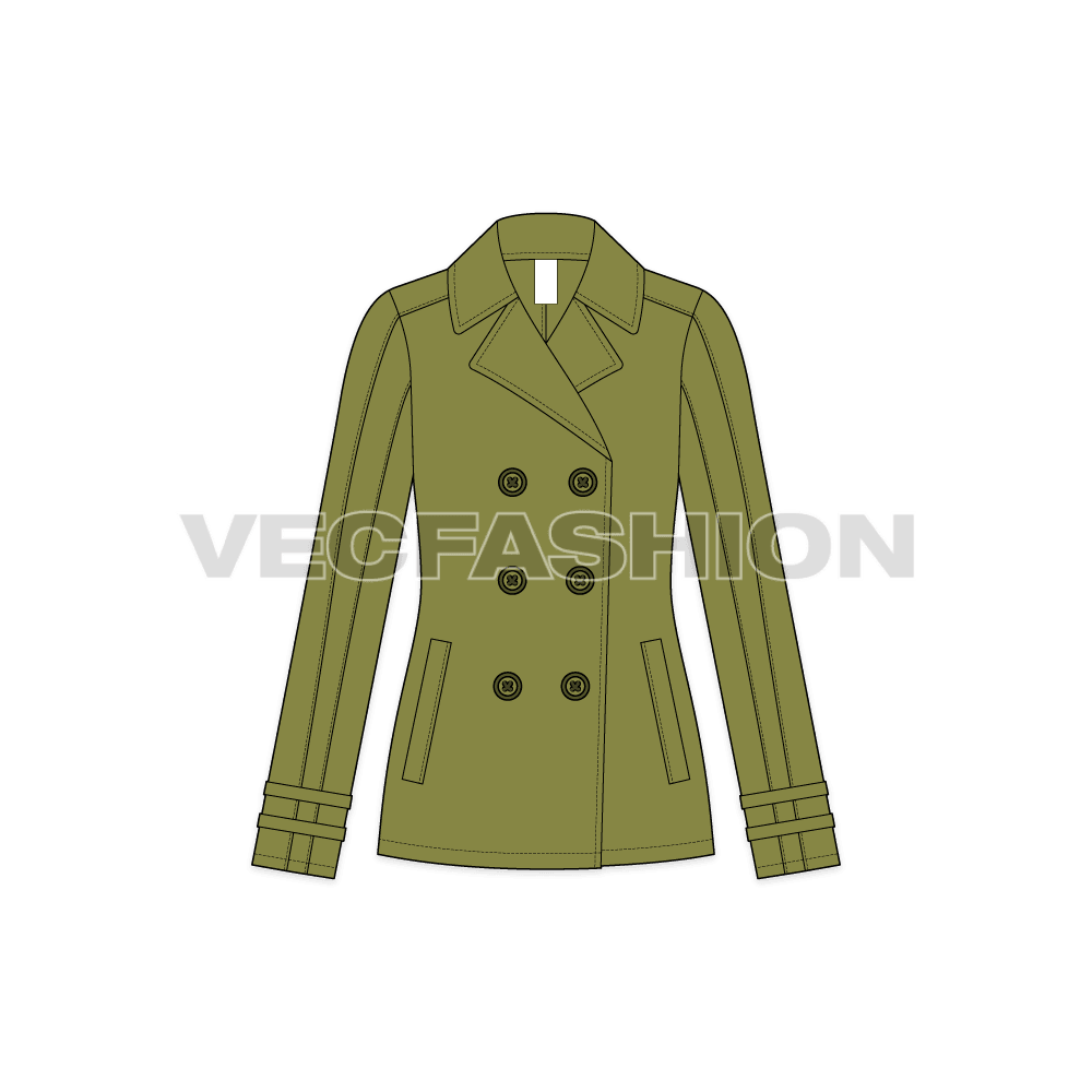 A vector template of Women's Olive Green Pea Coat. This coat has a big Notch Collar in woolen fabric to prevent the neck from cold winds. It also have a Scottish Plaid Repeat Pattern as inside lining fabric.