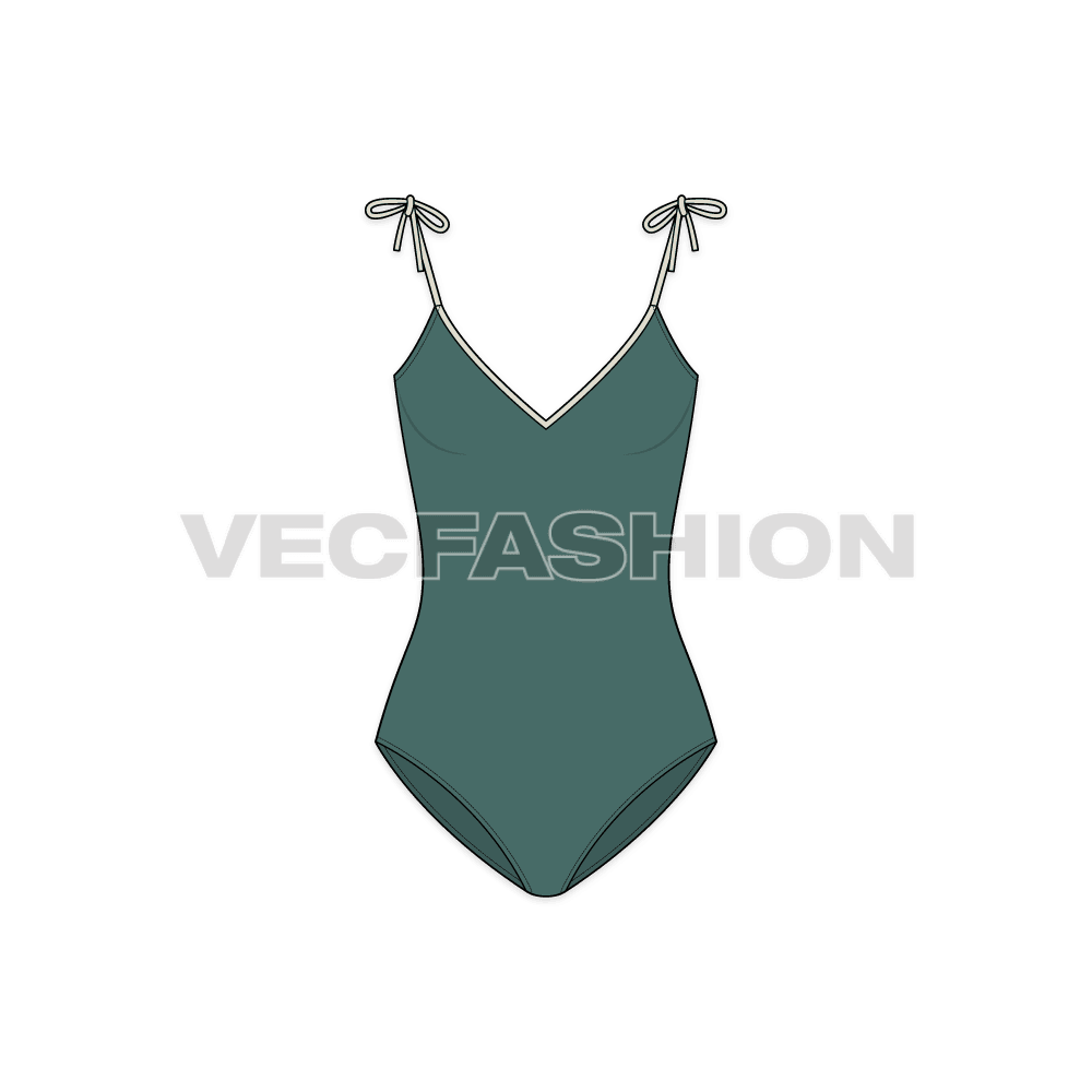 A vector template for Women's One-piece Beachwear Swimsuit in deep green color. It has tassels on shoulder points with a low neckline.