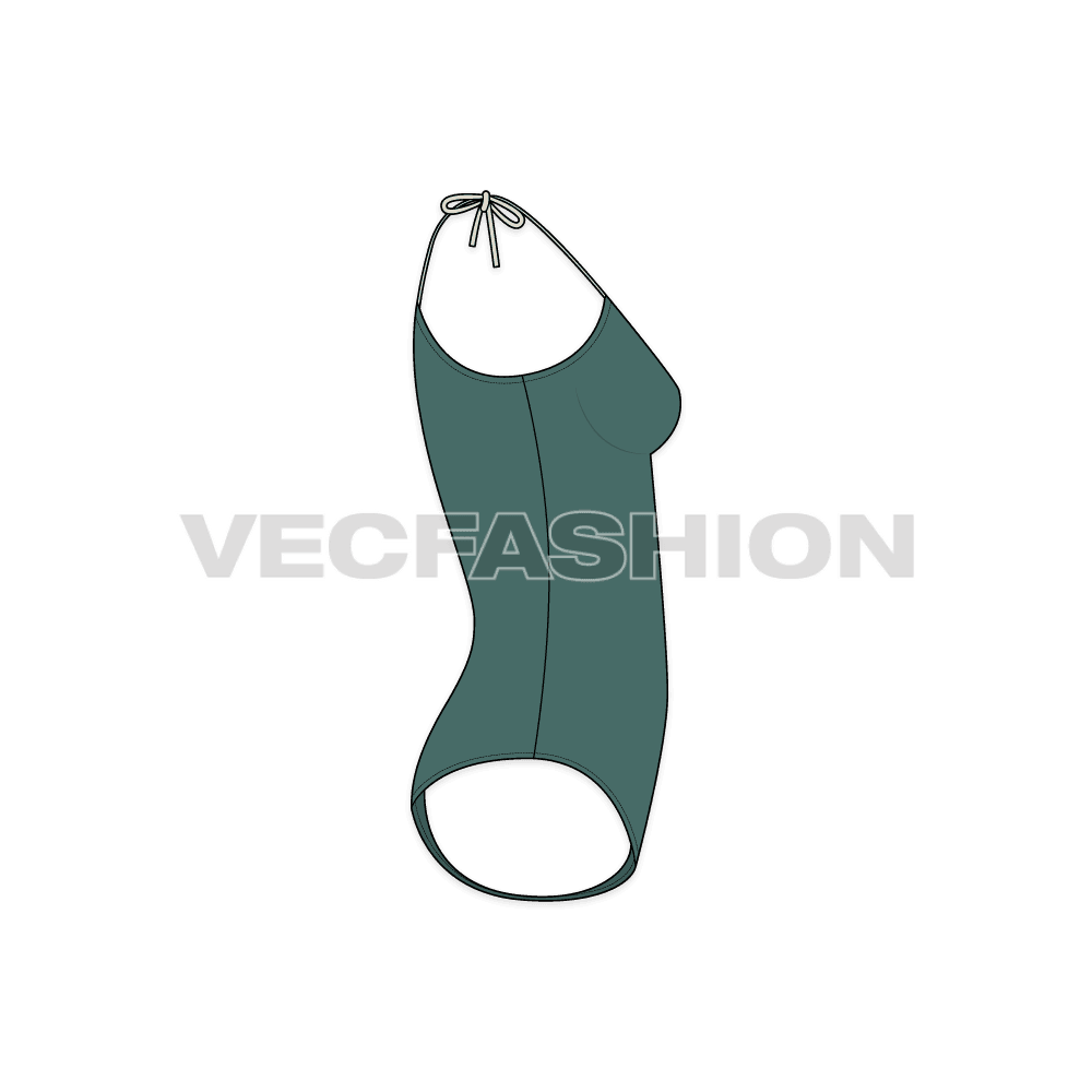 A vector template for Women's One-piece Beachwear Swimsuit in deep green color. It has tassels on shoulder points with a low neckline.