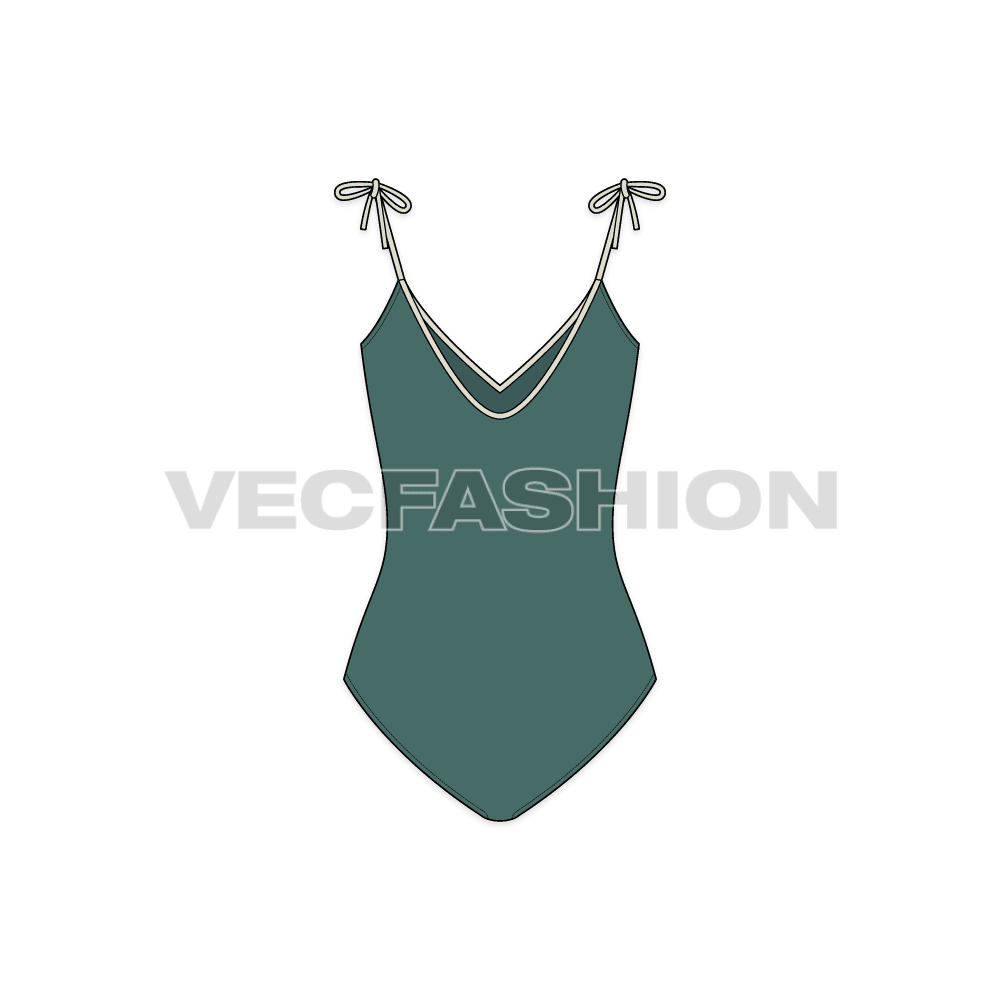 A vector template for Women's One-piece Beachwear Swimsuit in deep green color. It has tassels on shoulder points with a low neckline.