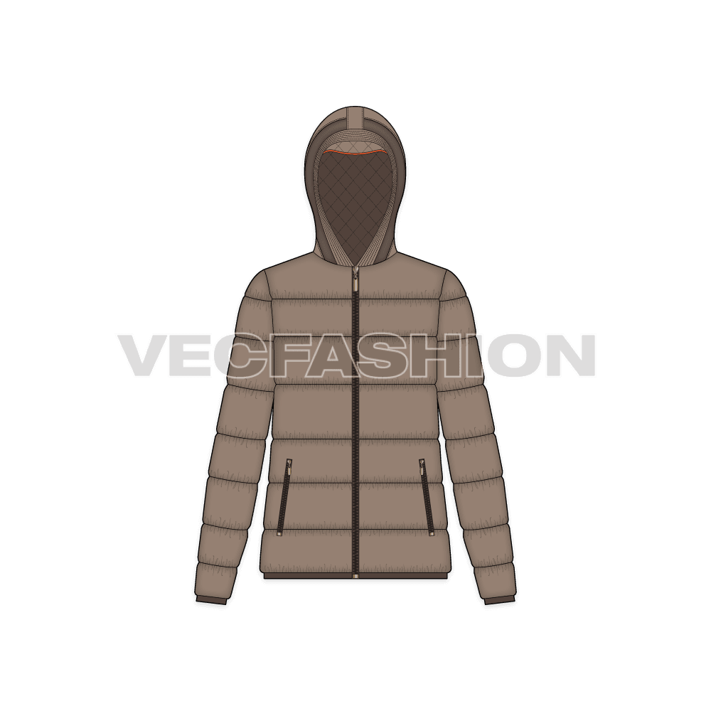 A newly created awesome fashion template for Women’s Outdoor Puffer Jacket. This template is showing an artistic impression of highs and lows of light, yet very easy to edit.