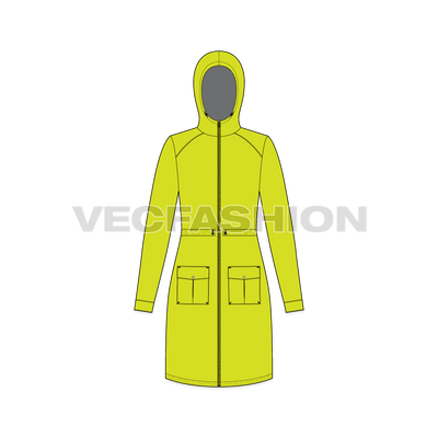 A vector template for Women's Outerwear Jacket Template. It has details like Patch pockets, trims, drawstrings and stoppers, hood with a zipper on front. The waist can be adjusted by pulling or releasing the drawstring, similarly the hem.