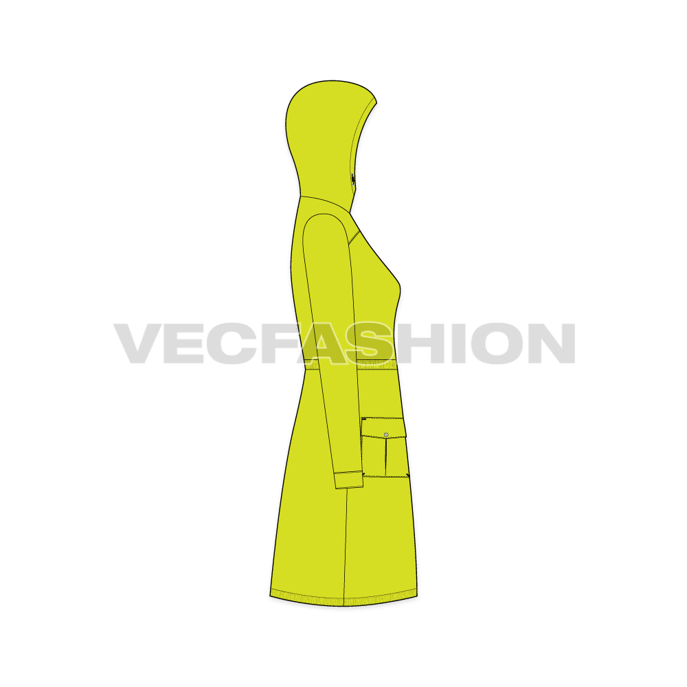 A vector template for Women's Outerwear Jacket Template. It has details like Patch pockets, trims, drawstrings and stoppers, hood with a zipper on front. The waist can be adjusted by pulling or releasing the drawstring, similarly the hem.