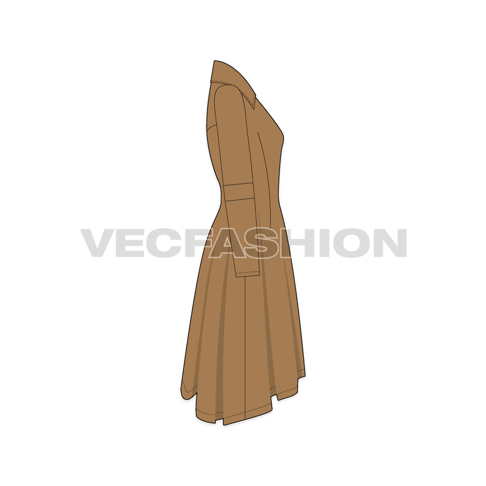A vector illustrator template of Womens' Over-sized Wool Coat. It has an overlapping right side on to left with big wooden buttons. There is an oversized collar with panels on elbow.