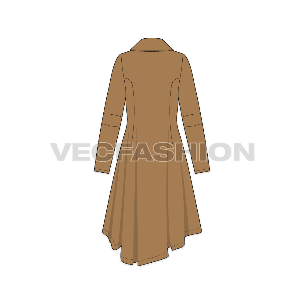 A vector illustrator template of Womens' Over-sized Wool Coat. It has an overlapping right side on to left with big wooden buttons. There is an oversized collar with panels on elbow.