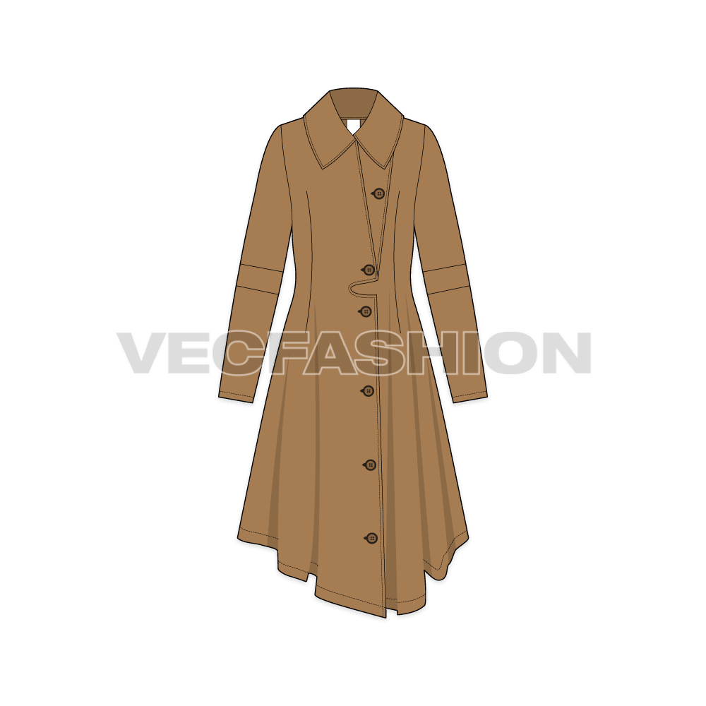 A vector illustrator template of Womens' Over-sized Wool Coat. It has an overlapping right side on to left with big wooden buttons. There is an oversized collar with panels on elbow.