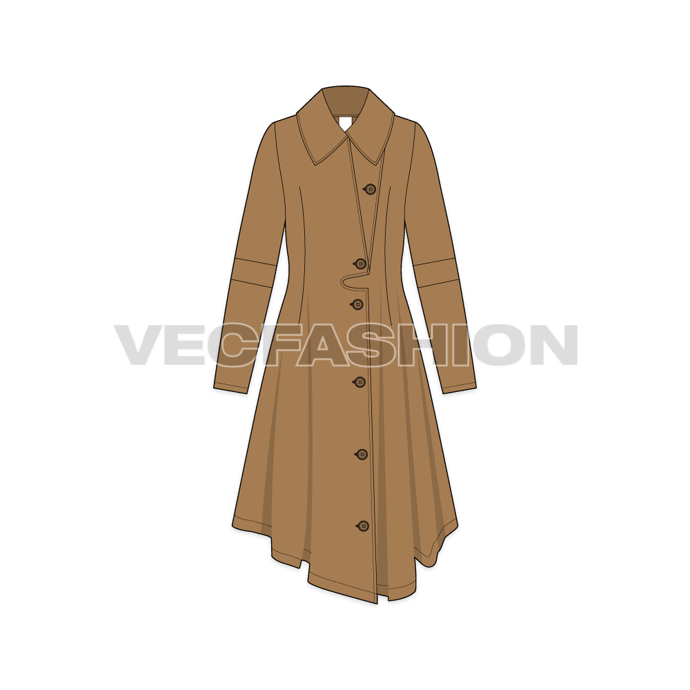 A vector illustrator template of Womens' Over-sized Wool Coat. It has an overlapping right side on to left with big wooden buttons. There is an oversized collar with panels on elbow.  