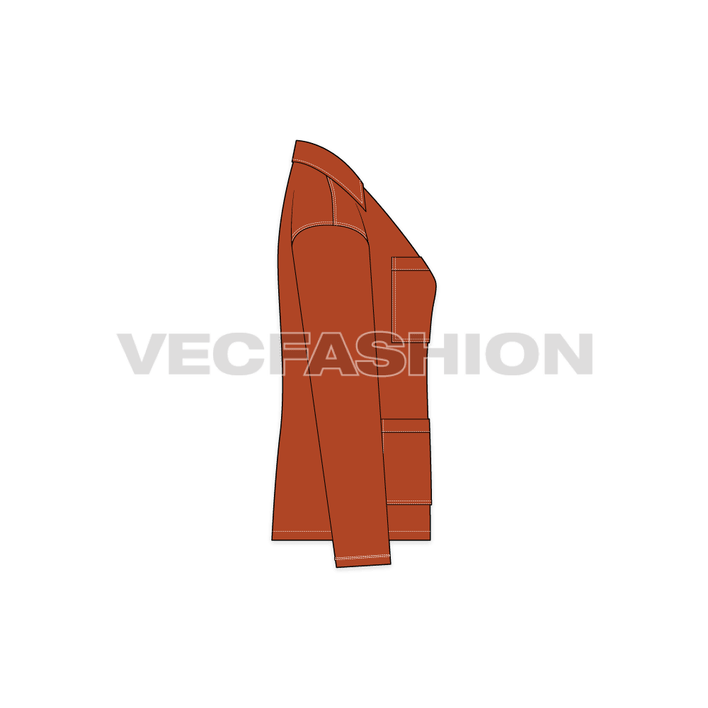 A vector illustrator template of Women's Chore Jacket vector fashion template. It is colored in rust orange color and have 4 big pockets on front as a main element of this jacket.