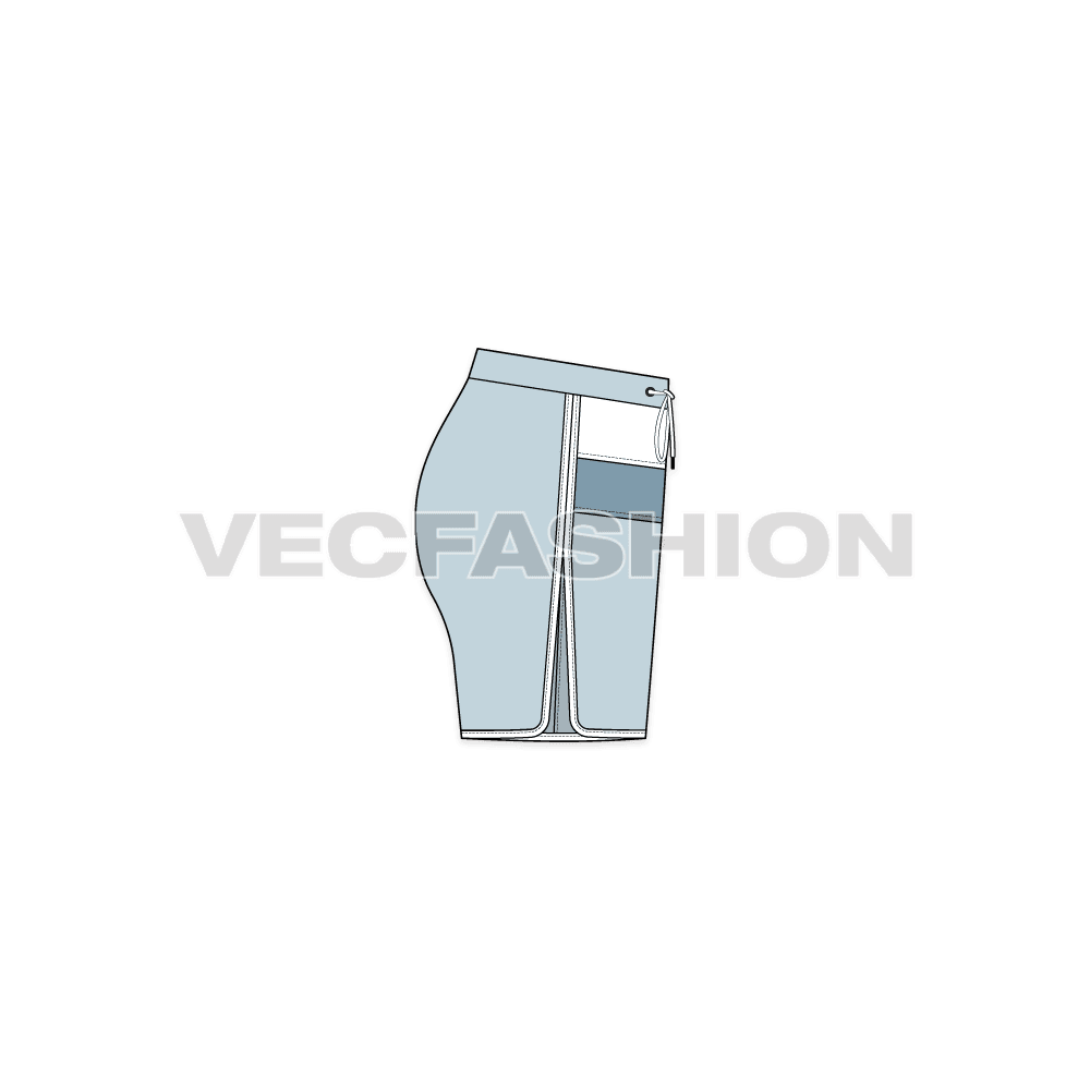 A vector fashion sketch template of Women's Panelled Sport Shorts. It has contrast colored panels with pockets on sides.