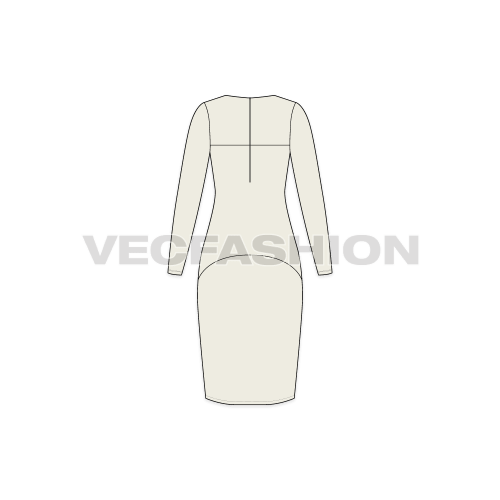 A vector template for Women's Pencil Suit. Womens Black colored overlapping dress with pleats on one side and the shape is A-symmetrical.