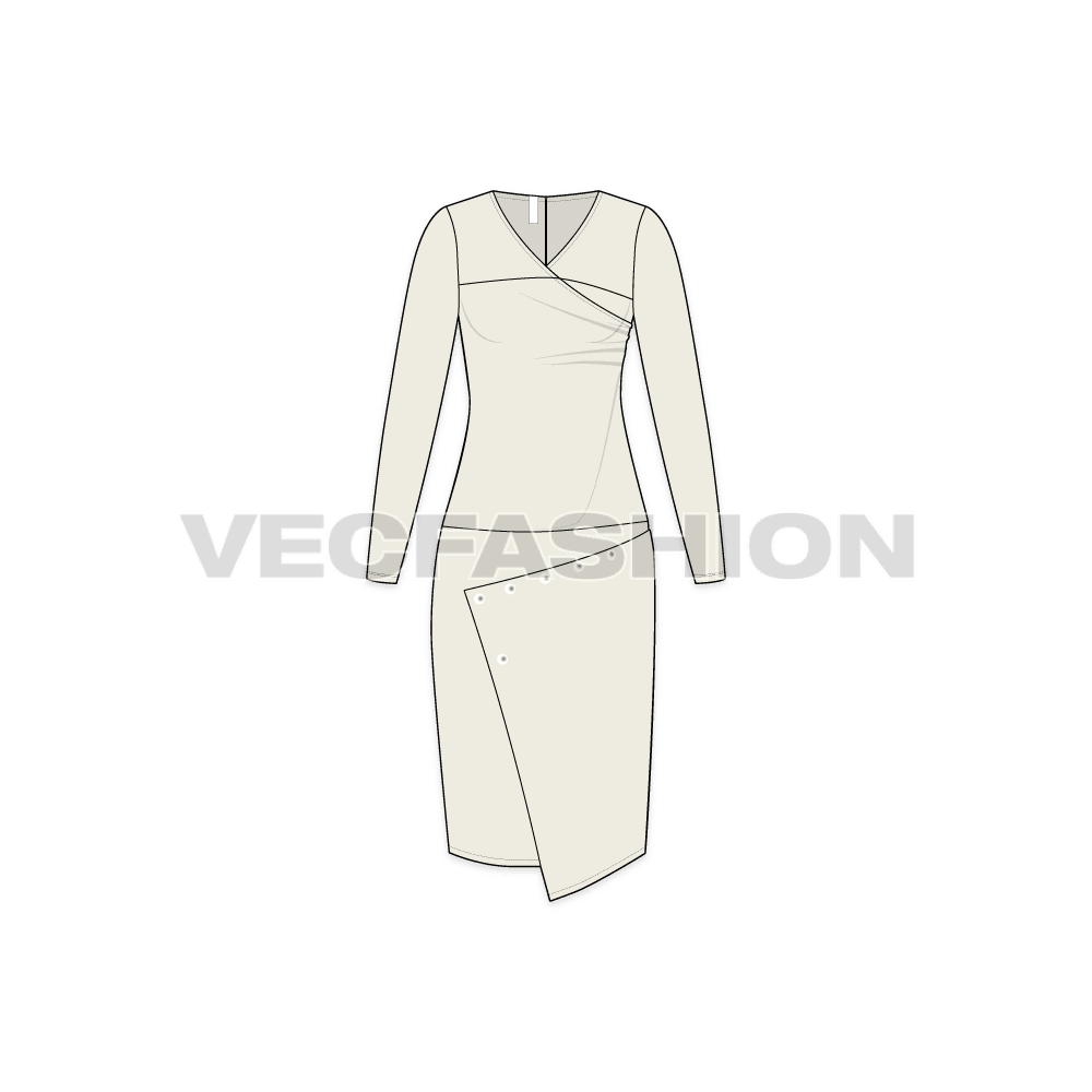 A vector template for Women's Pencil Suit. Womens Black colored overlapping dress with pleats on one side and the shape is A-symmetrical. 