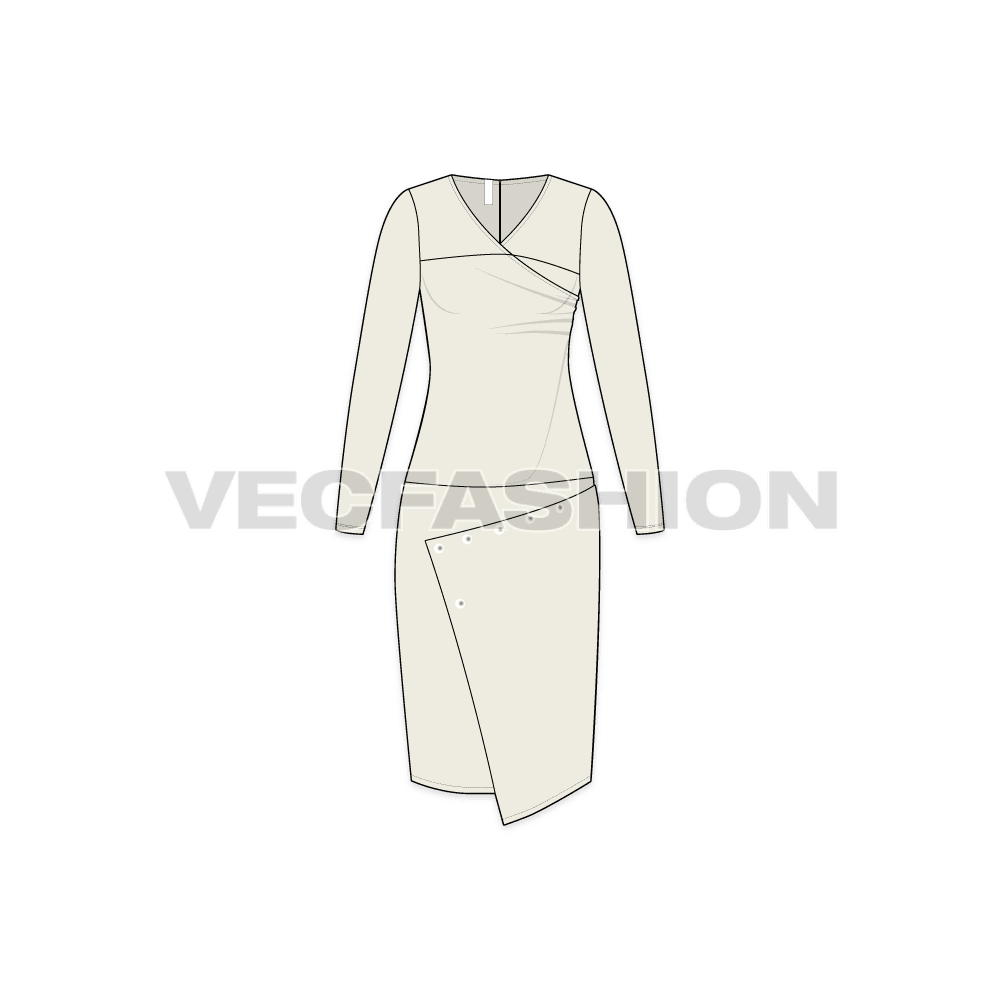 A vector template for Women's Pencil Suit. Womens Black colored overlapping dress with pleats on one side and the shape is A-symmetrical.