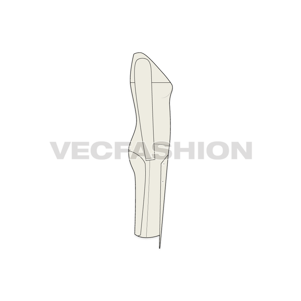 A vector template for Women's Pencil Suit. Womens Black colored overlapping dress with pleats on one side and the shape is A-symmetrical.
