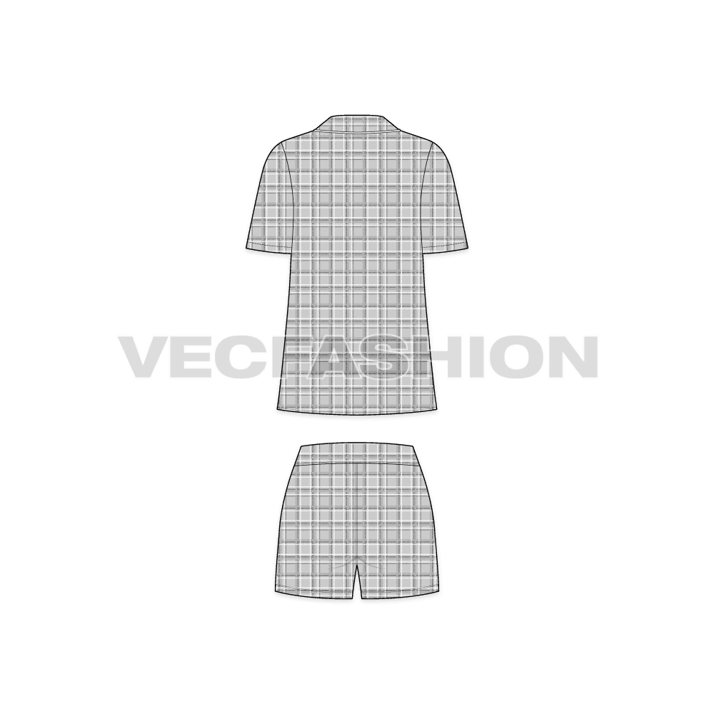 A vector fashion template sketch for Women's Plaid Sleep Suit. It has a shirt with notch collar contrast binding on edging. The fabric has a seamless Scottish Plaid pattern. The shorts is made out of same fabric with flat drawstrings on waistband.