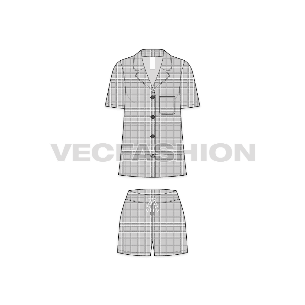 A vector fashion template sketch for Women's Plaid Sleep Suit. It has a shirt with notch collar contrast binding on edging. The fabric has a seamless Scottish Plaid pattern. The shorts is made out of same fabric with flat drawstrings on waistband.