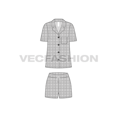 A vector fashion template sketch for Women's Plaid Sleep Suit. It has a shirt with notch collar contrast binding on edging. The fabric has a seamless Scottish Plaid pattern. The shorts is made out of same fabric with flat drawstrings on waistband.