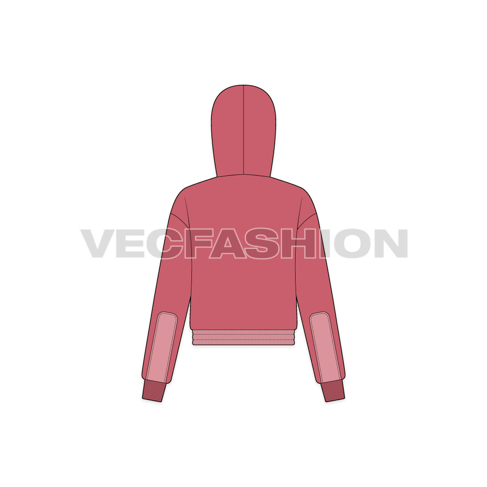 A vector illustrator template for Women's Polar Fleece Jacket. It is using a two tone fabric the dark one is for the polar fleece and the lighter shade is the nylon windbreaker water resistant material. There are two pockets on front on each side with ribbed cuffs and hoodie.