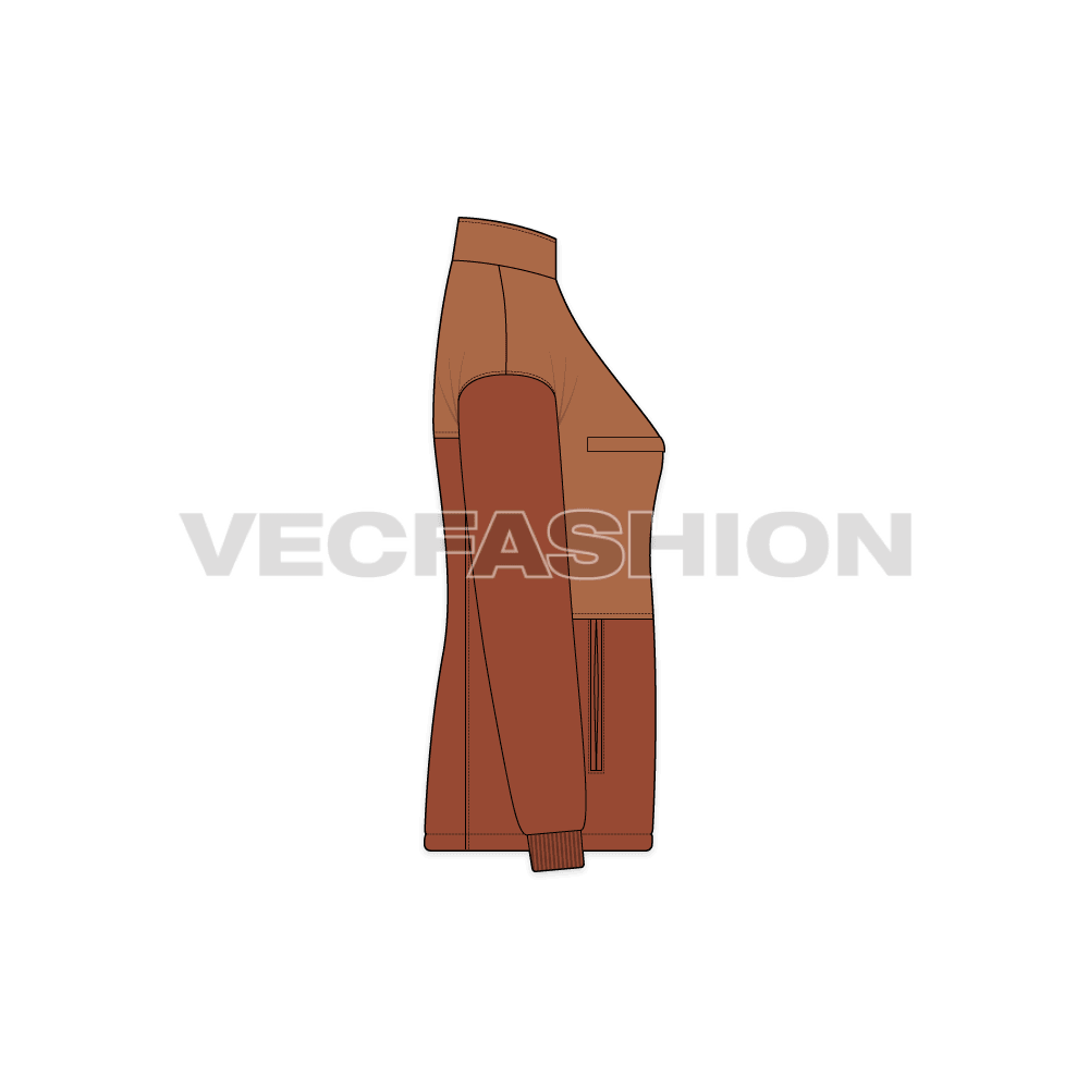 A vector illustrator template for Women's Polar Fleece Jacket. It is using a two tone fabric the dark one is for the polar fleece and the lighter shade is the nylon windbreaker water resistant material. There are two pockets on sides and ribbed cuffs.