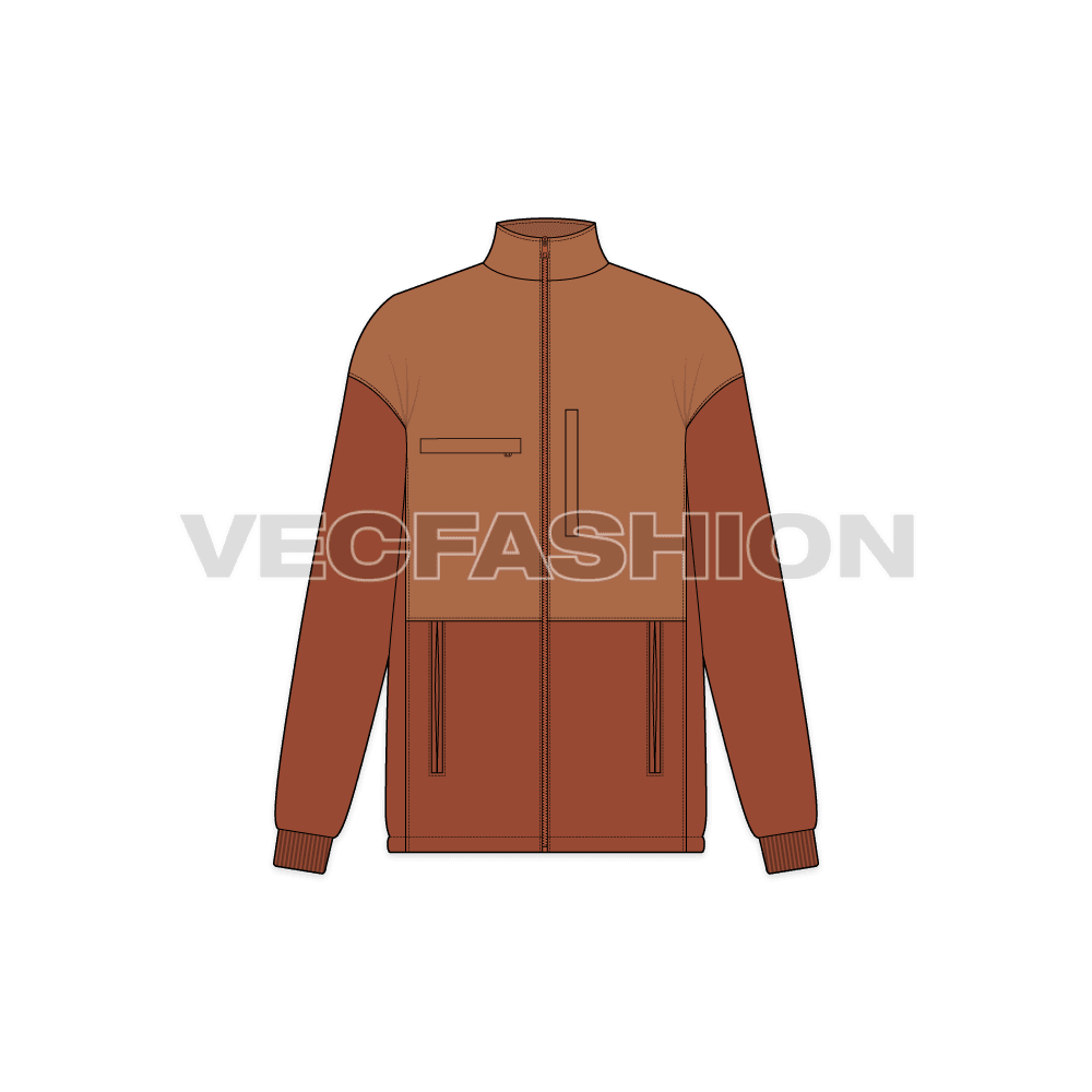 A vector illustrator template for Women's Polar Fleece Jacket. It is using a two tone fabric the dark one is for the polar fleece and the lighter shade is the nylon windbreaker water resistant material. There are two pockets on sides and ribbed cuffs.