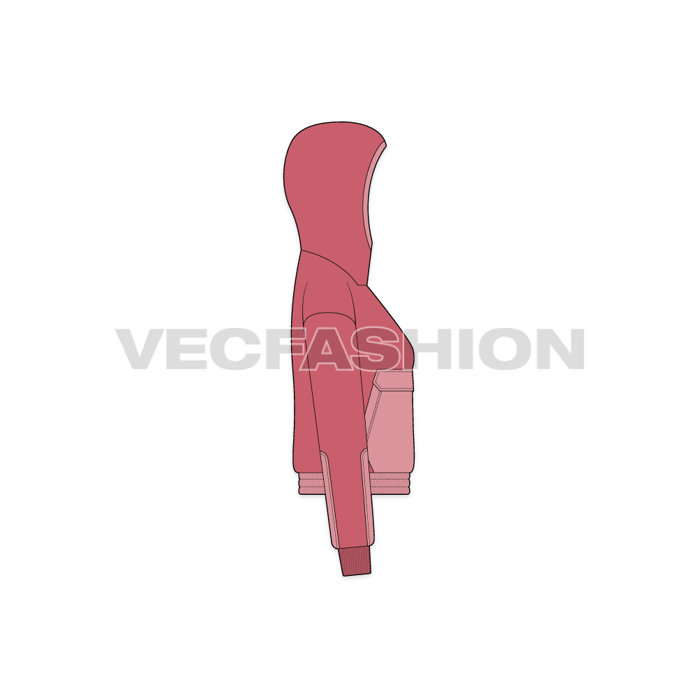 A vector illustrator template for Women's Polar Fleece Jacket. It is using a two tone fabric the dark one is for the polar fleece and the lighter shade is the nylon windbreaker water resistant material. There are two pockets on front on each side with ribbed cuffs and hoodie.