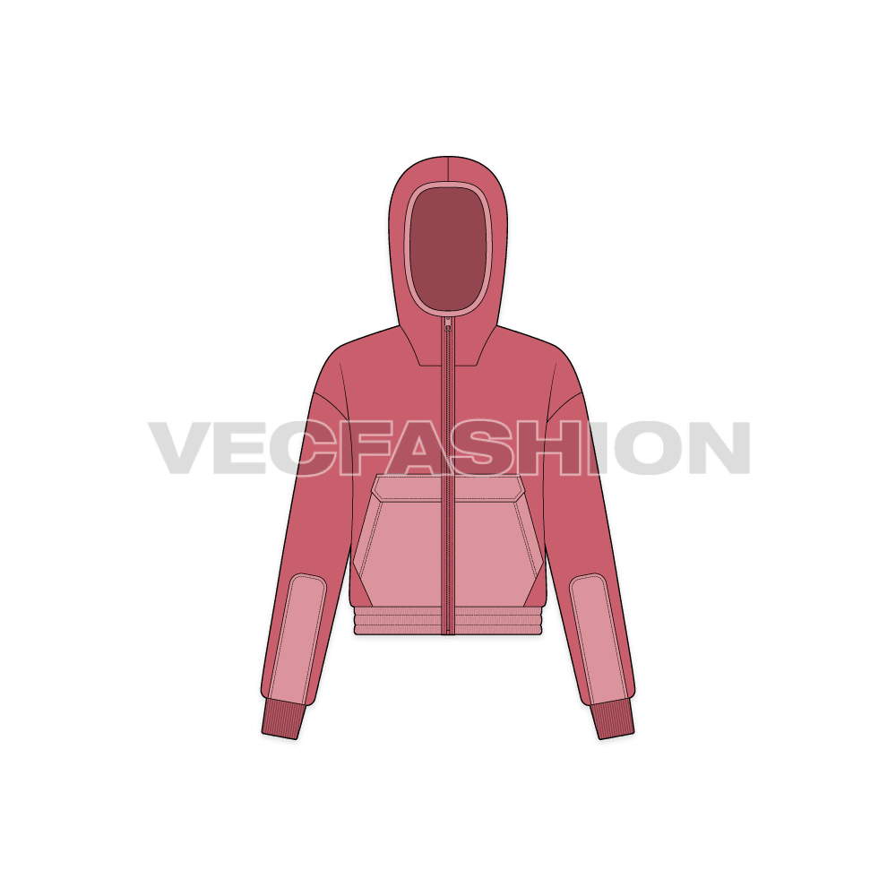 A vector illustrator template for Women's Polar Fleece Jacket. It is using a two tone fabric the dark one is for the polar fleece and the lighter shade is the nylon windbreaker water resistant material. There are two pockets on front on each side with ribbed cuffs and hoodie.