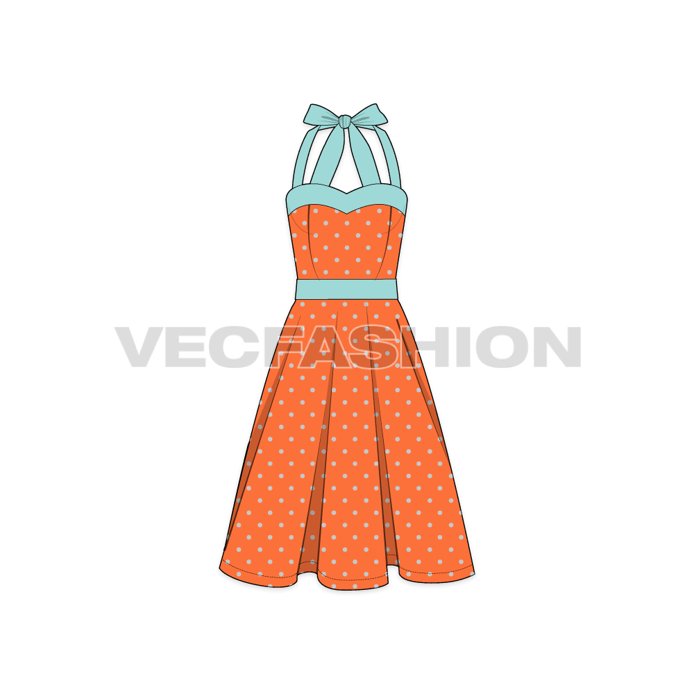 A vector template for Women's Polka Dots Cocktail Dress. It is a fitted dress from the bodice with a classic style bow straps for enclosure and flared skirt.