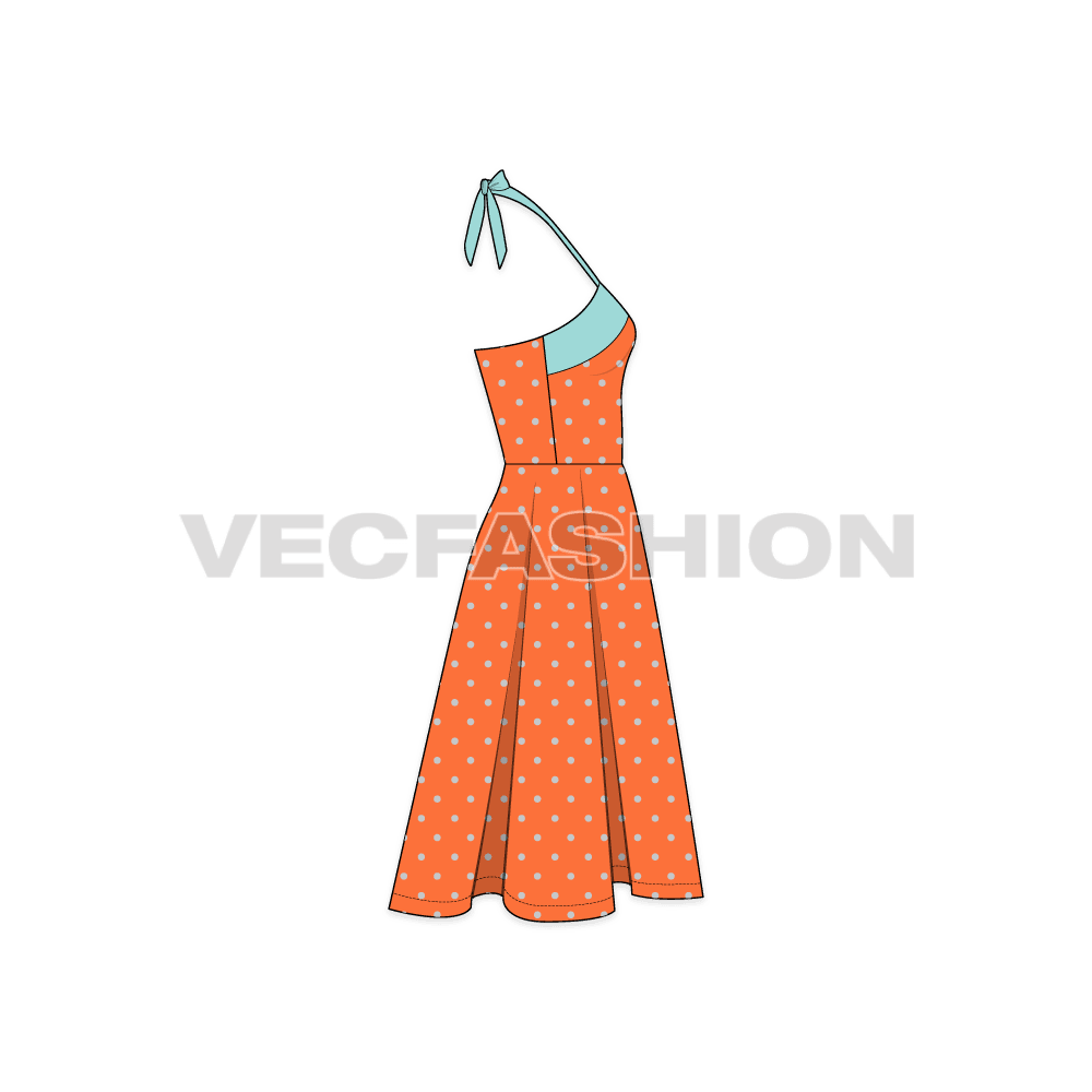 A vector template for Women's Polka Dots Cocktail Dress. It is a fitted dress from the bodice with a classic style bow straps for enclosure and flared skirt.