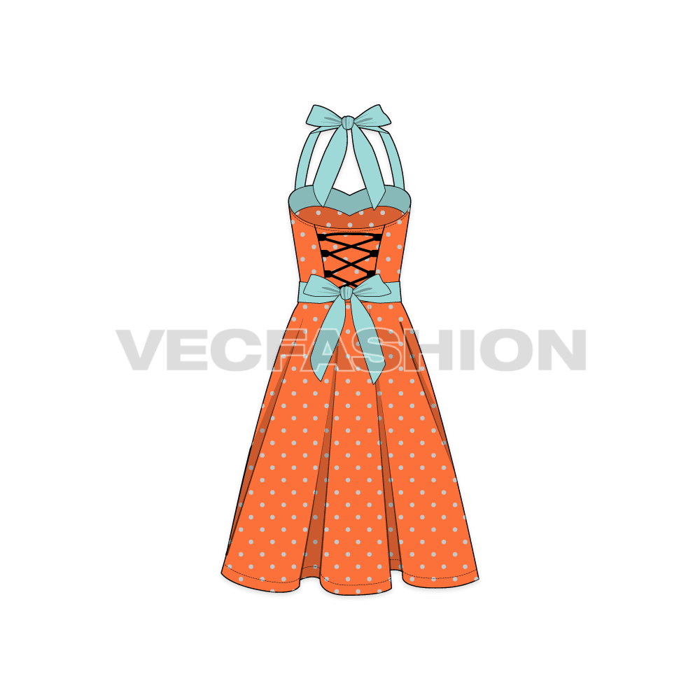 A vector template for Women's Polka Dots Cocktail Dress. It is a fitted dress from the bodice with a classic style bow straps for enclosure and flared skirt.