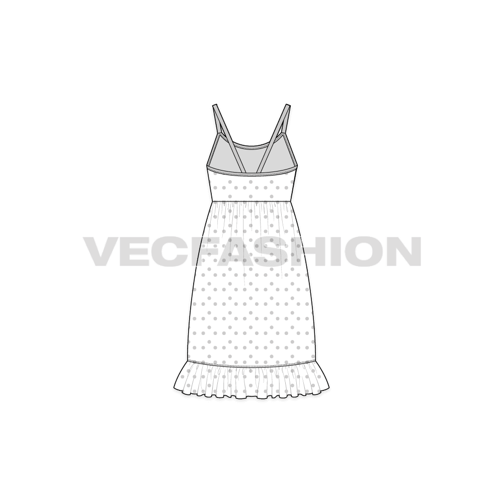 A vector fashion template sketch for Women's Polka Dots Dress. It has contrast edging with all over printed fabric. The bottom hem has the peplum panel and length comes until calf.