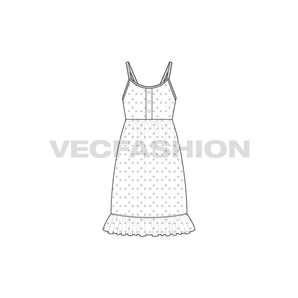 A vector fashion template sketch for Women's Polka Dots Dress. It has contrast edging with all over printed fabric. The bottom hem has the peplum panel and length comes until calf.