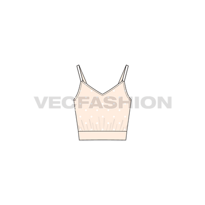 A vector template of Women's Polka Dots Spaghetti Strap Top. It has cropped body with ribbed bottom hem with polka dots. The two contrast colored Spaghetti straps are giving it a sport look.