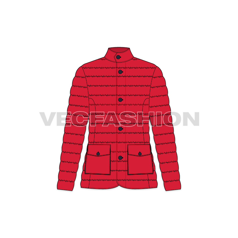 A vector illustrator template of Womens Puffer Coat. It has thick quilting on the inside with goose down. There are two pockets on front lower part and snap buttons for closure.