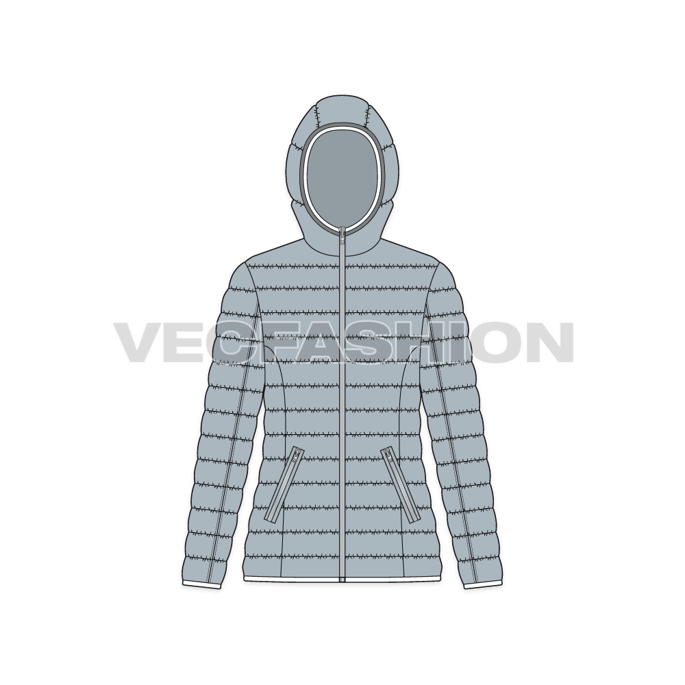 A vector illustrator template of Women's Puffer Coat. It has quilted lining under the outer shell of 350 goose down and feathers, usually called as Insulation. 