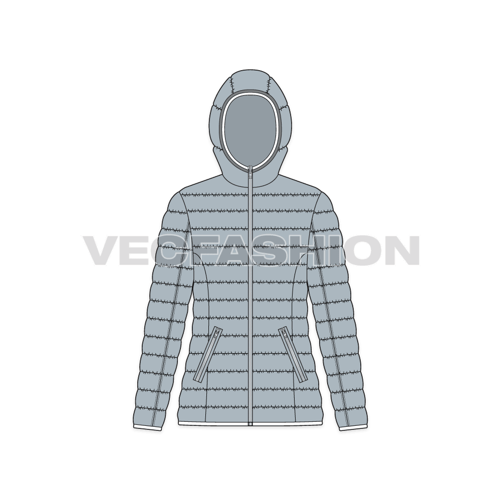 A vector illustrator template of Women's Puffer Coat. It has quilted lining under the outer shell of 350 goose down and feathers, usually called as Insulation.
