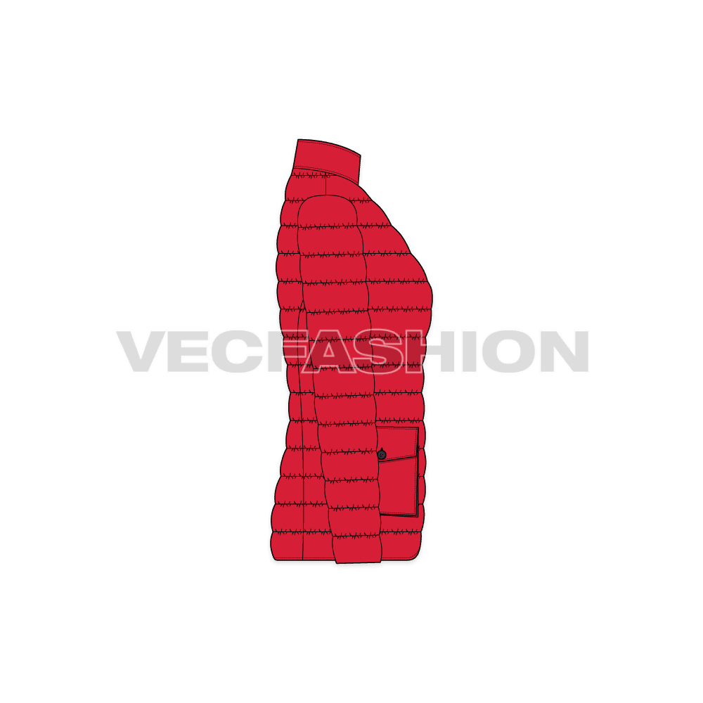 A vector illustrator template of Womens Puffer Coat. It has thick quilting on the inside with goose down. There are two pockets on front lower part and snap buttons for closure.