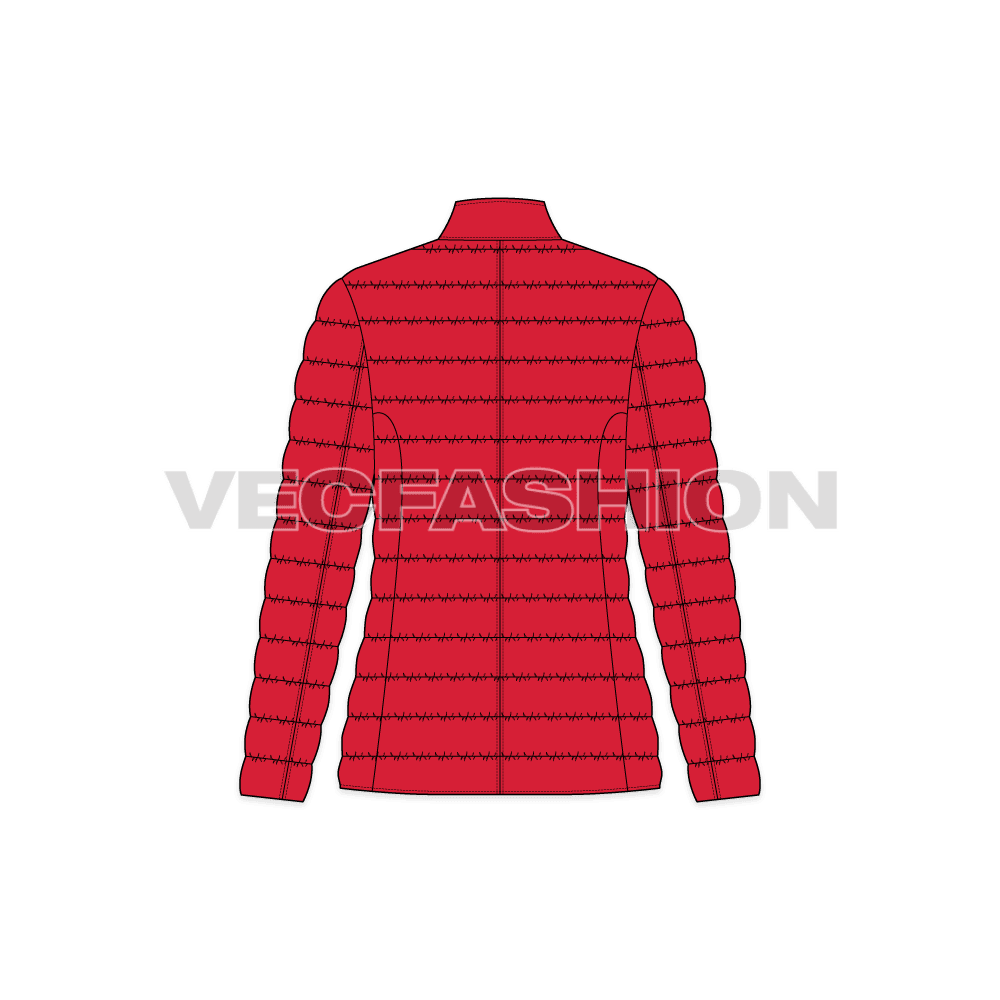A vector illustrator template of Womens Puffer Coat. It has thick quilting on the inside with goose down. There are two pockets on front lower part and snap buttons for closure.
