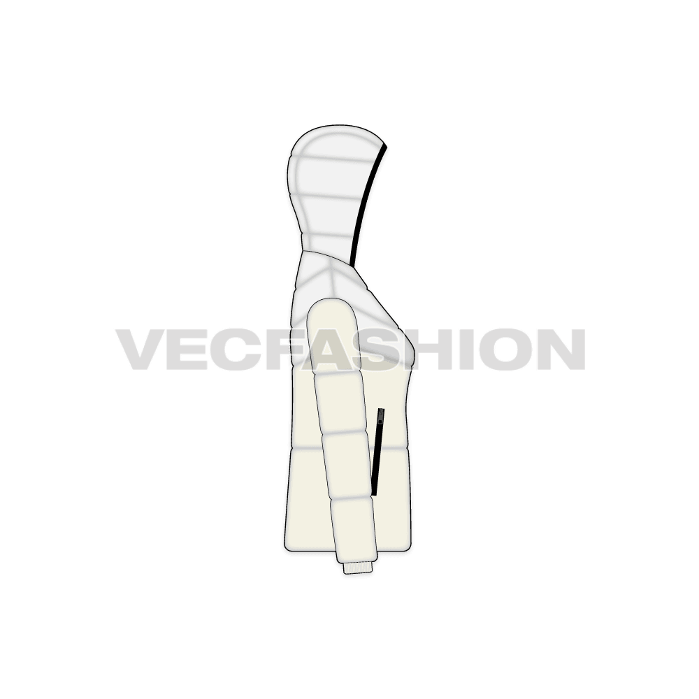 A vector template for Women's Puffer Jacket. It is made with two fabric colors creating an interesting look of a front and back yoke with contrast edging around the hood and side zips.