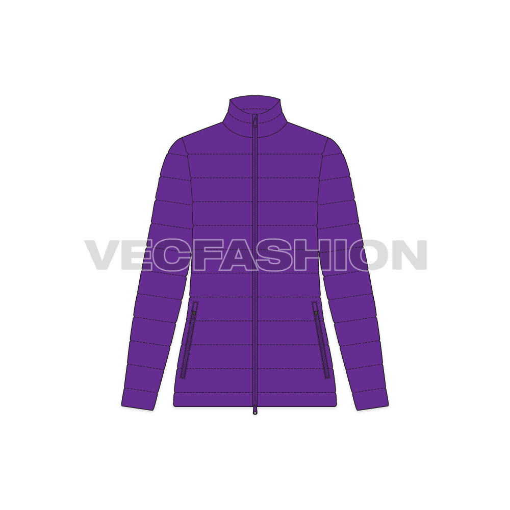A vector template for Women's Puffer Jacket. It has insulation inside from goose down and feathers. It has pockets on sides and zipper on center front.