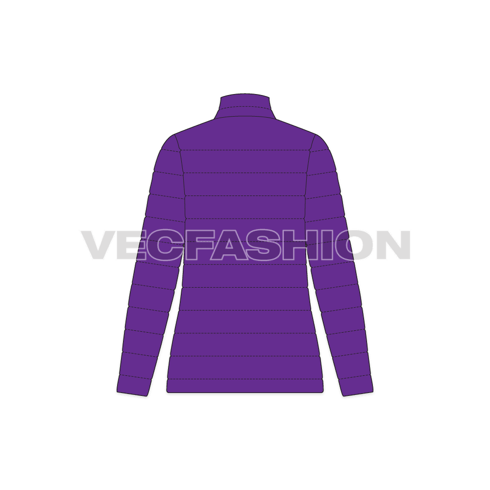 A vector template for Women's Puffer Jacket. It has insulation inside from goose down and feathers. It has pockets on sides and zipper on center front.