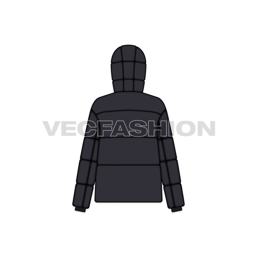 A vector template for Women's Puffer Jacket. It is rendered in black color with more shine and have a detachable hood. It is rendered with front, back and side view as well.